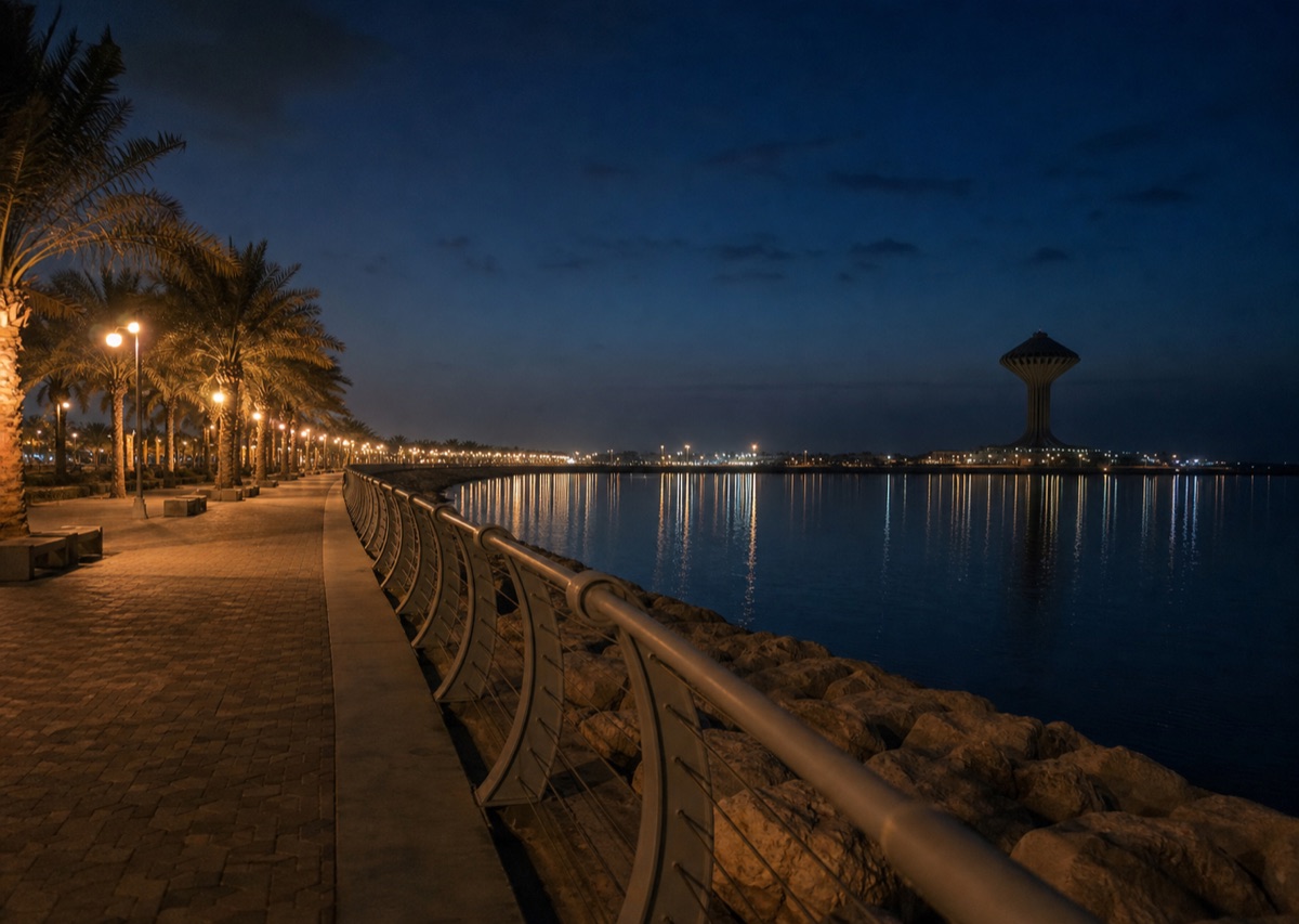Editorial illustration of the Al Khobar corniche at night.