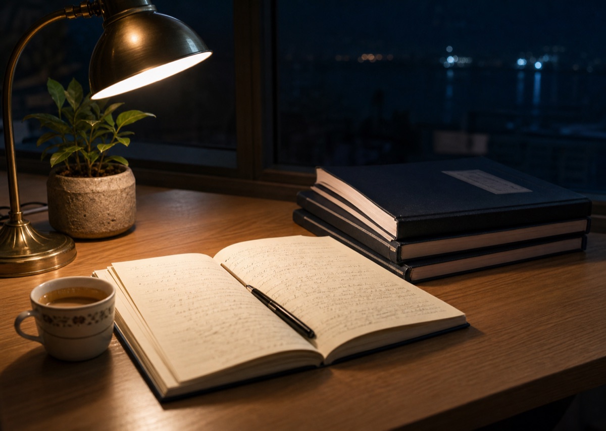 Editorial illustration of a night study desk in Al Khobar.